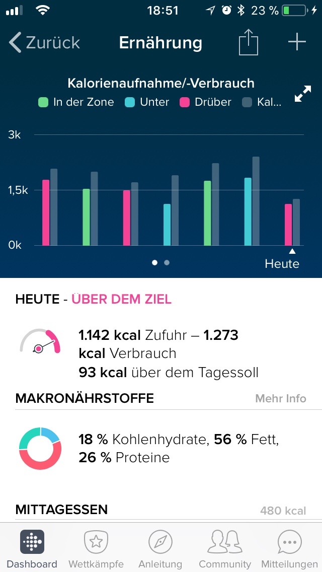 Schöne Übersicht über Kalorienbilanz und Nährwertzusammensetzung